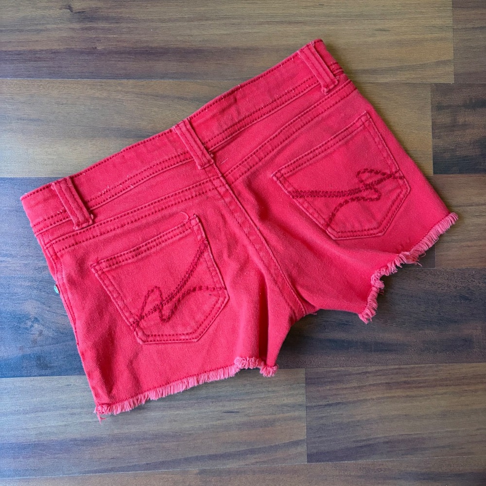Y2k Red Distressed Denim Shorts Rhinestone Studded Raw Hem Festival Kesha Summer - Picture 7 of 7